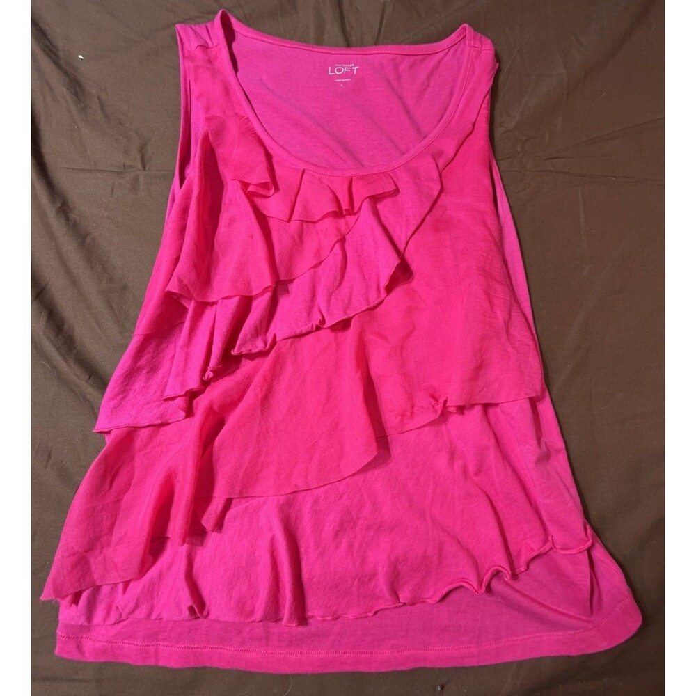 Ann Taylor LOFT Women's Large Bright Pink Ruffle Front Mixed Fabric Tank Top EUC